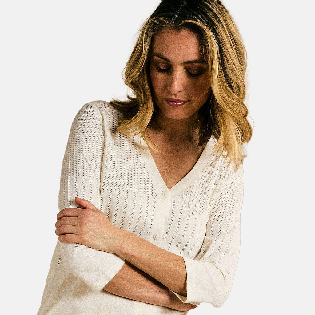 EMRECO 3-4 Sleeve V-Neck Cardigan (Size - L) - White