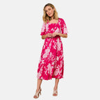 Emreco 100% Viscose Short Sleeve Floral Print Midi dress (Size 10) - Hot Pink