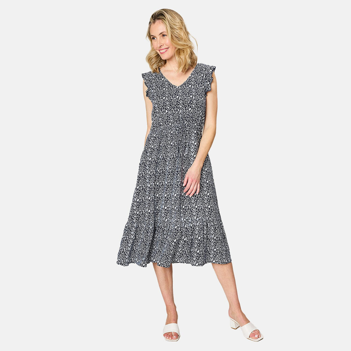 Emreco Floral Print Frill Shoulder Midi Dress (Size 10) - Navy 7792988 0
