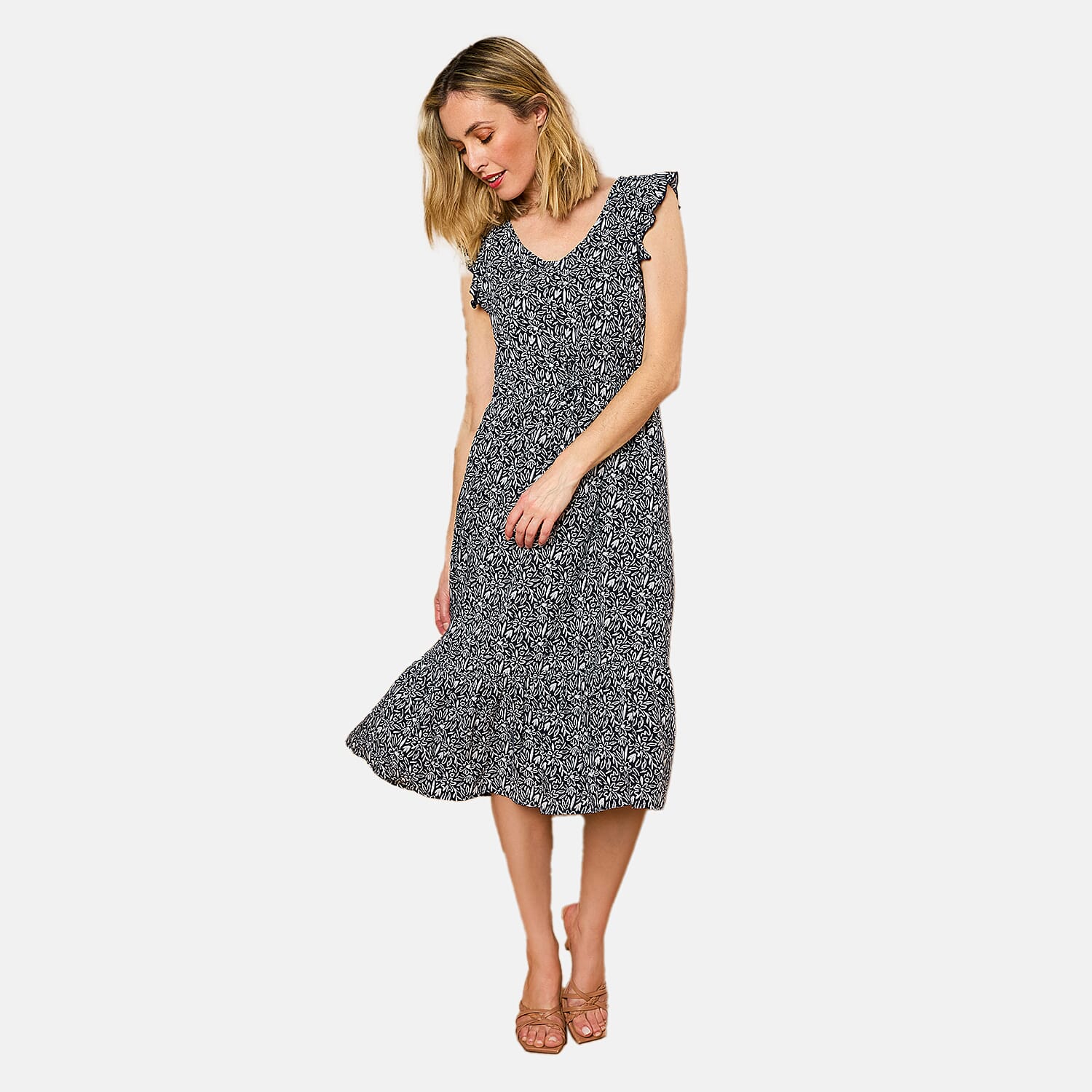 Emreco Floral Print Frill Shoulder Midi Dress (Size 10) - Navy 7792988 1