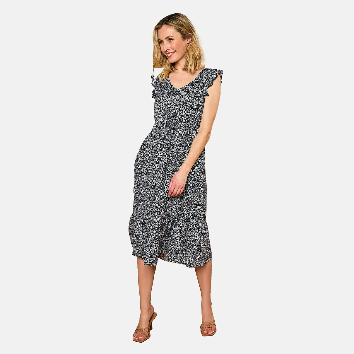 Emreco Floral Print Frill Shoulder Midi Dress (Size 10) - Navy 7792988 2