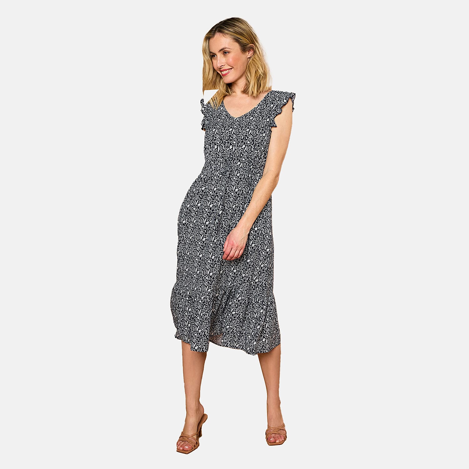 Emreco Floral Print Frill Shoulder Midi Dress (Size 10) - Navy 7792988 2