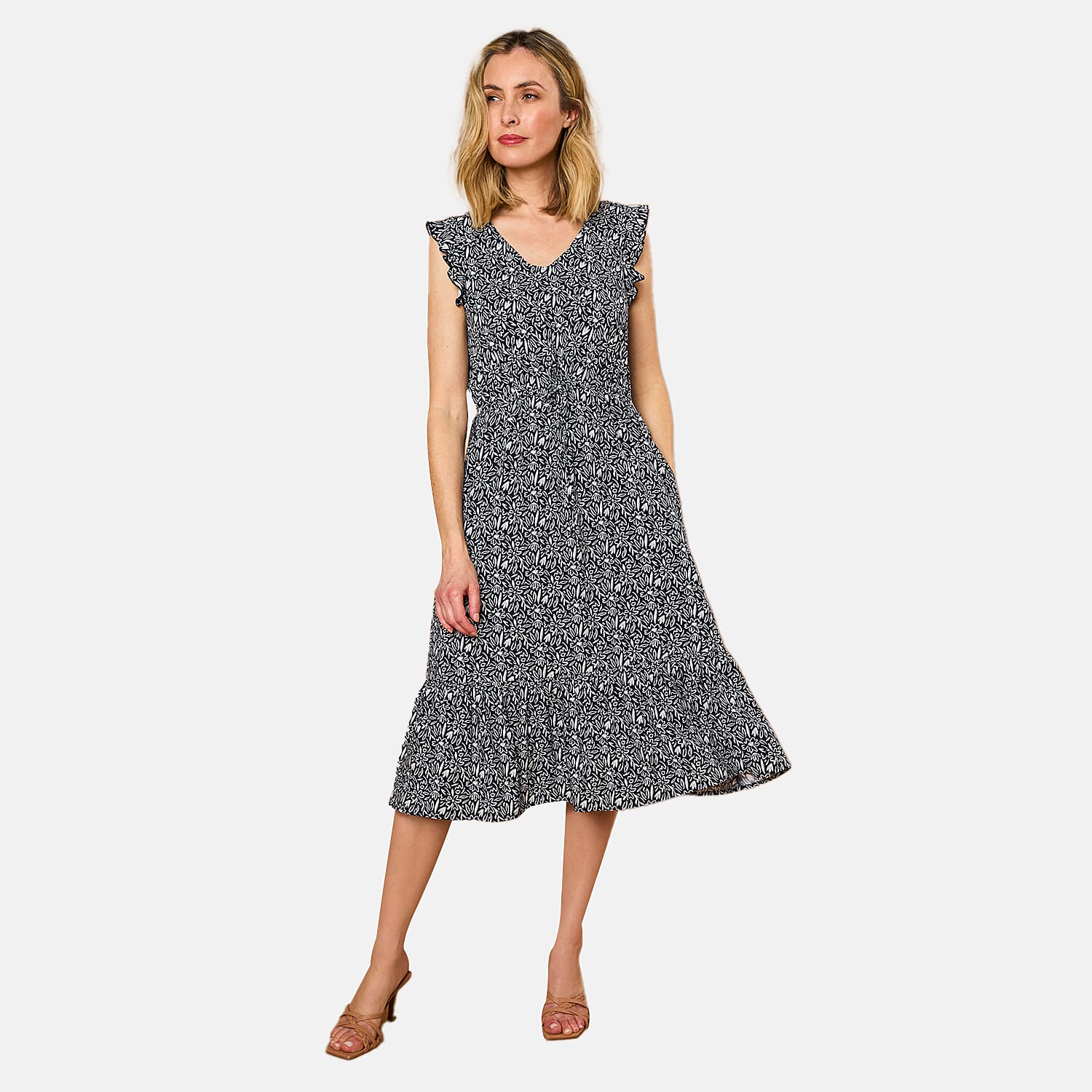 Emreco Floral Print Frill Shoulder Midi Dress (Size 10) - Navy 7792988 3
