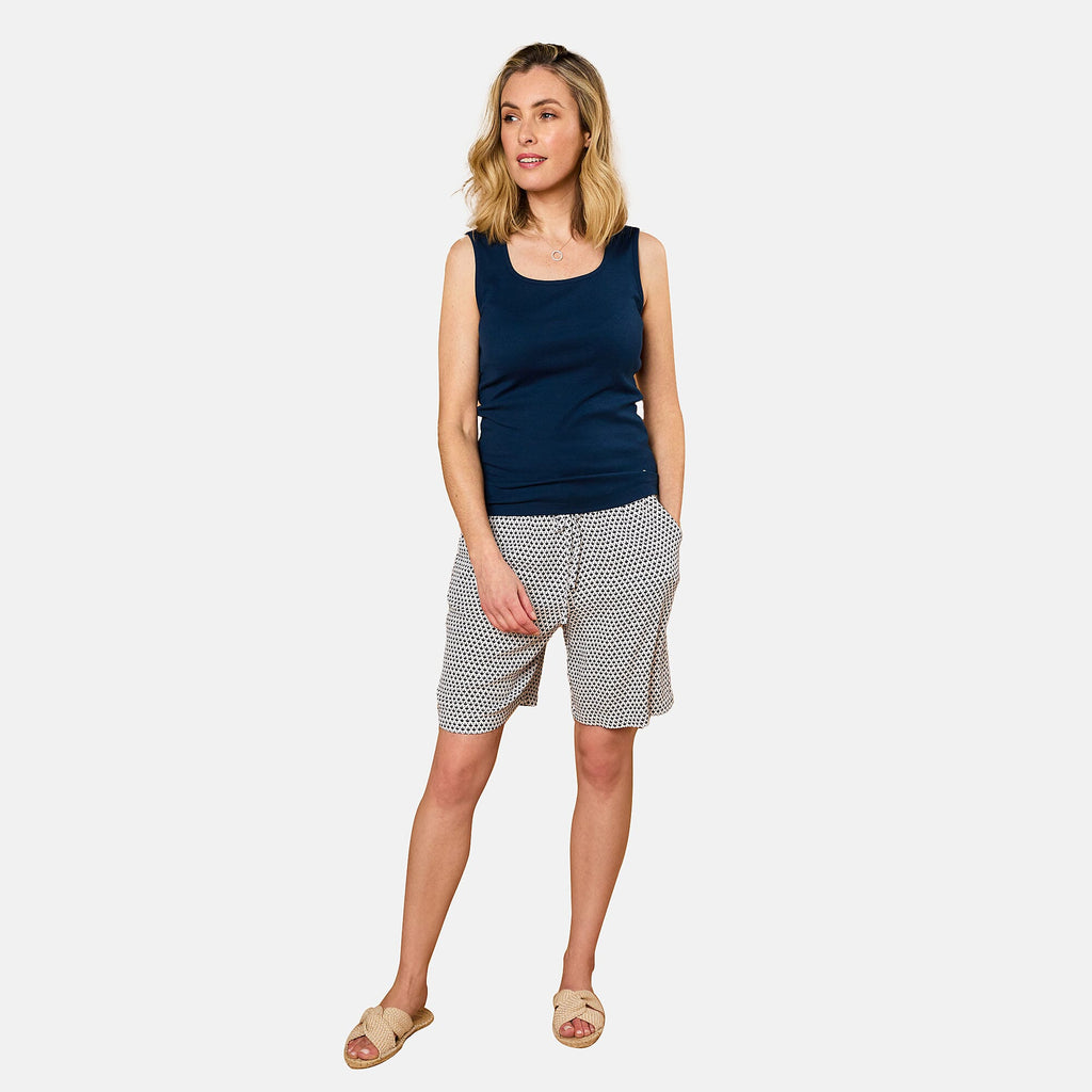 Emreco 100% Viscose Printed Crinkle Shorts with Side Pockets (Size 10) - White - Blue