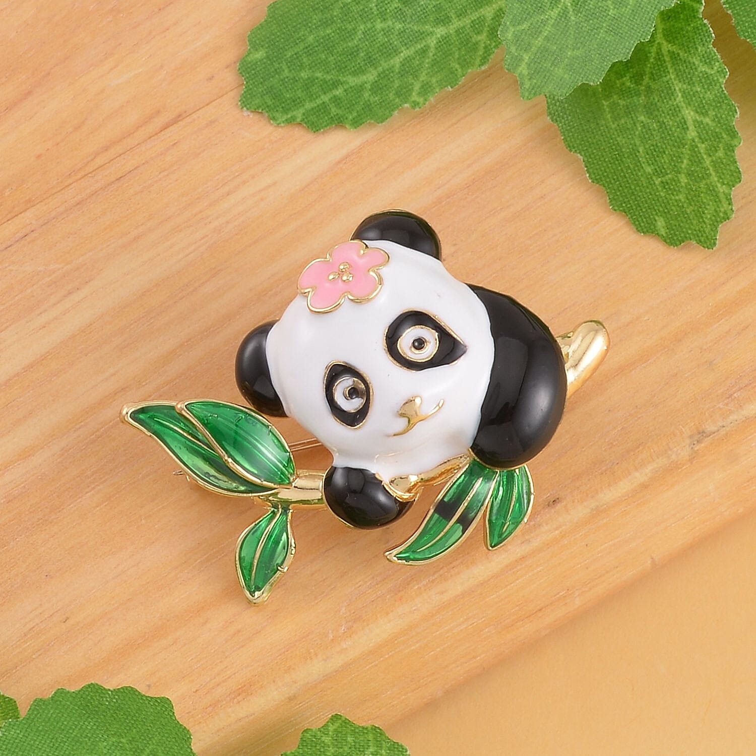 Enamelled Panda Brooch in Yellow Gold Tone 7601389 1