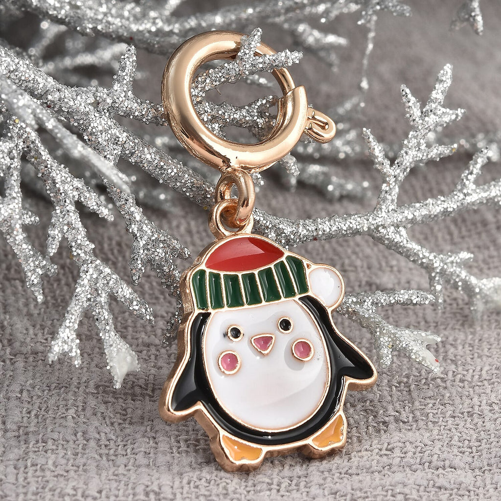 Christmas Theme Multi Purpose Penguin Enamelled Charm in Yellow Gold Tone
