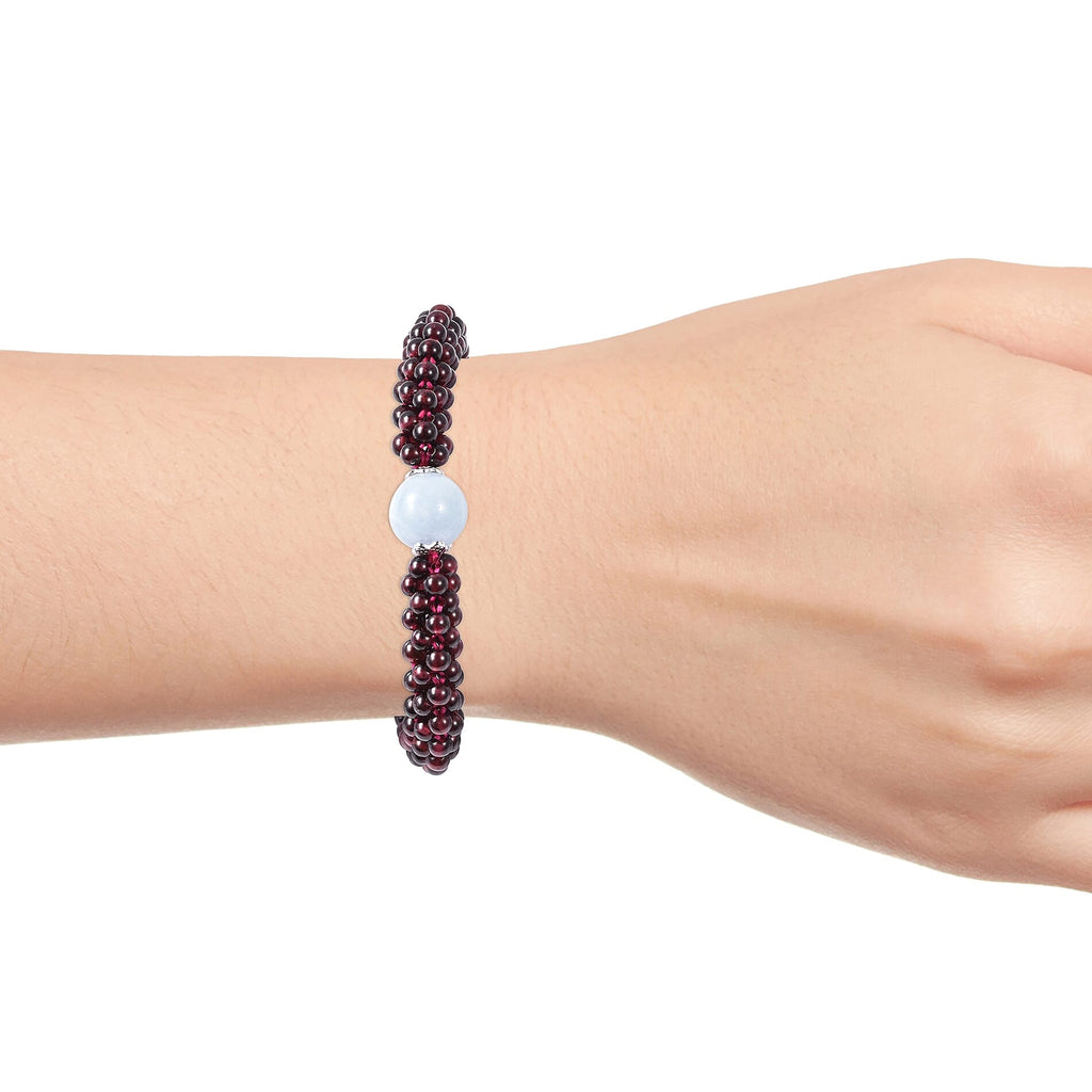 Espirito Santo Aquamarine and Mozambique Garnet Stretchable Beads Bracelet (Size 6.5) in Rhodium Overlay Sterling Silver       105.0 Ct.