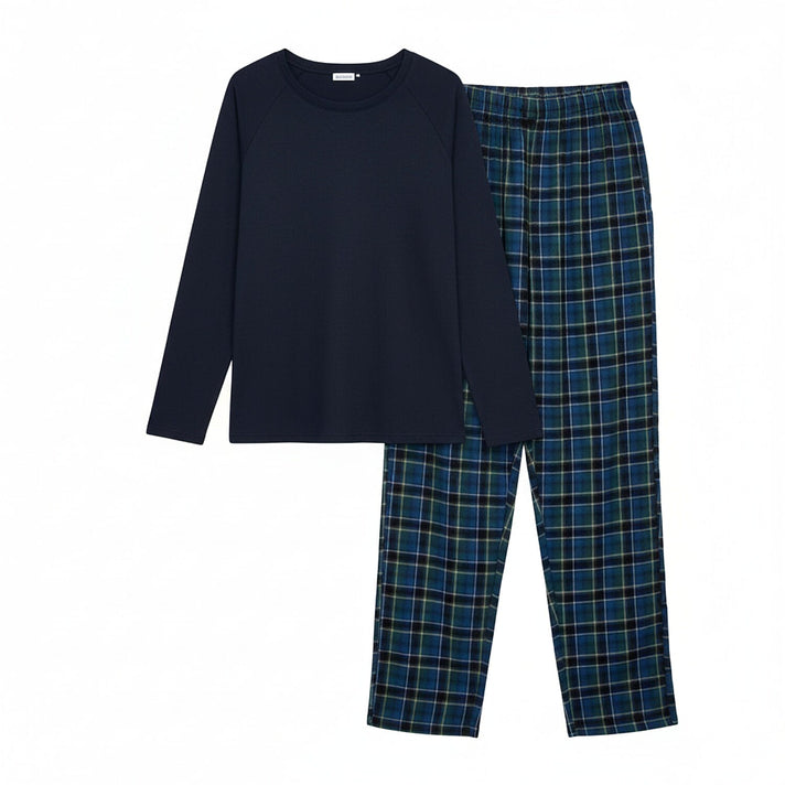 Essential Sleepwear Mens Waffle T-Shirt with Check Flannel Lounge Pants (Size XL) - Navy &amp; Blue V32369284 1