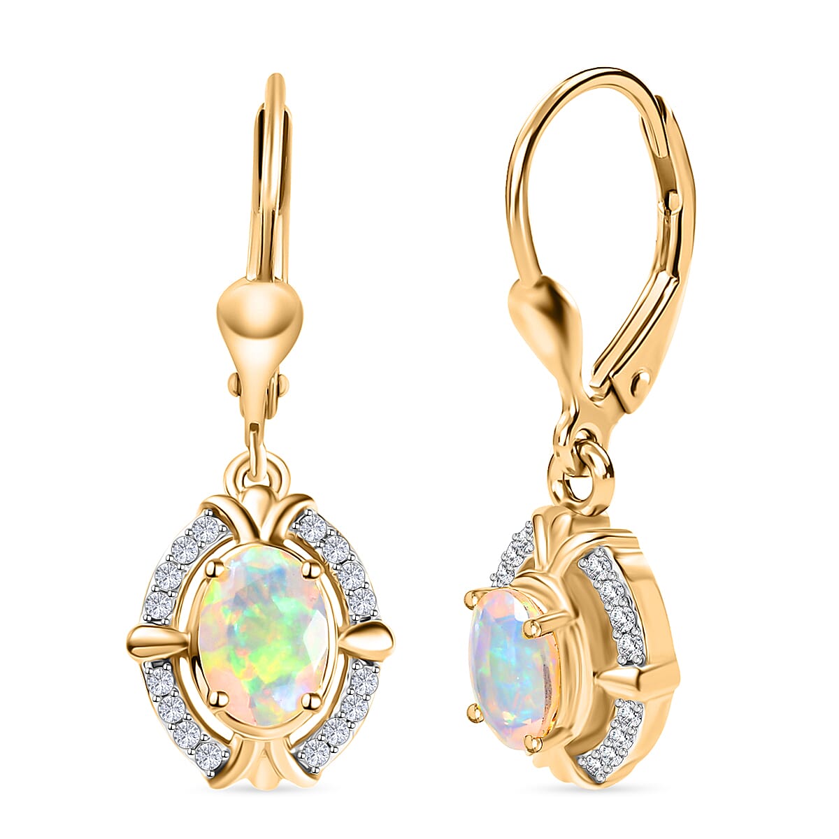 Ethiopian Faceted Opal &amp; White Zircon Earring with Lever Back in 18K Vermeil Yellow Gold Plated Sterling Silver 1.41 Ct. 8067523 0