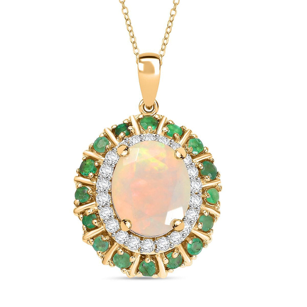 Ethiopian Faceted Opal, Zambian Emerald & White Zircon Pendant with Chain (Size 20) in 18K Vermeil Yellow Gold Plated Sterling Silver 3.17 Ct.