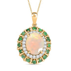 Ethiopian Faceted Opal, Zambian Emerald & White Zircon Pendant with Chain (Size 20) in 18K Vermeil Yellow Gold Plated Sterling Silver 3.17 Ct.