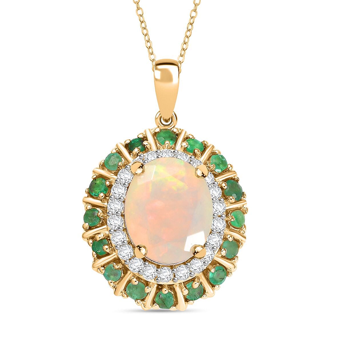 Ethiopian Faceted Opal, Zambian Emerald and White Zircon Halo Pendant with Chain (Size 20) in 18K Vermeil Yellow Gold Plated Sterling Silver 3.17 Ct. 4362208 0