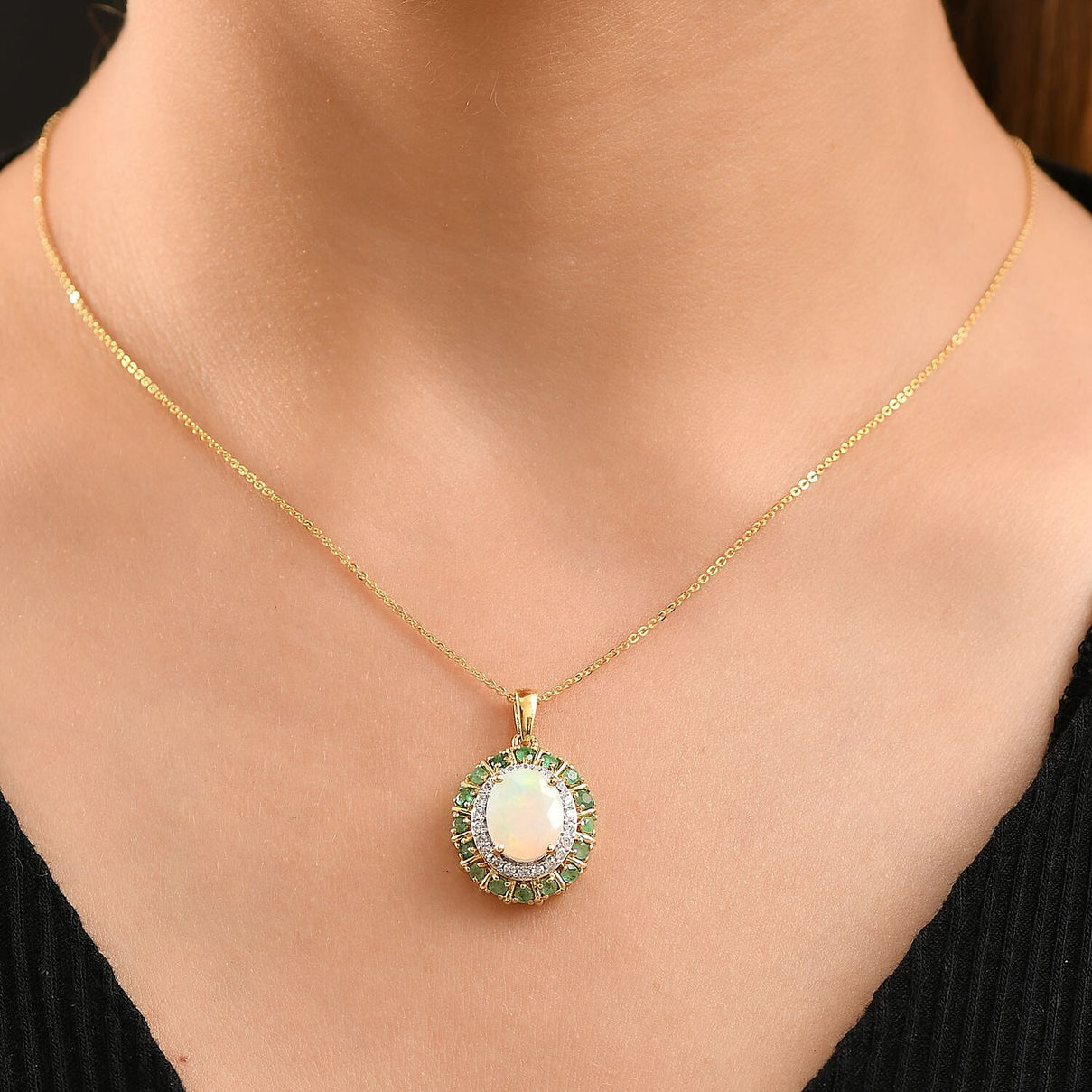 Ethiopian Faceted Opal, Zambian Emerald and White Zircon Halo Pendant with Chain (Size 20) in 18K Vermeil Yellow Gold Plated Sterling Silver 3.17 Ct. 4362208 3