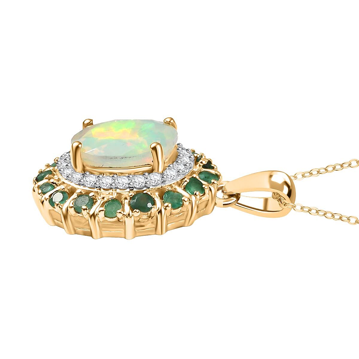 Ethiopian Faceted Opal, Zambian Emerald and White Zircon Halo Pendant with Chain (Size 20) in 18K Vermeil Yellow Gold Plated Sterling Silver 3.17 Ct. 4362208 7