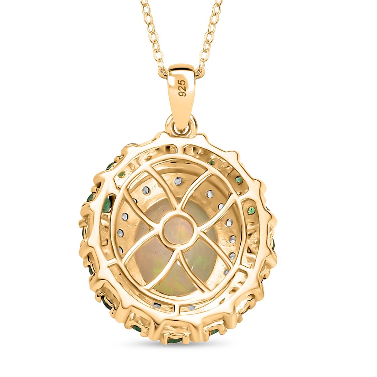 Ethiopian Faceted Opal, Zambian Emerald and White Zircon Halo Pendant with Chain (Size 20) in 18K Vermeil Yellow Gold Plated Sterling Silver 3.17 Ct. 4362208 9