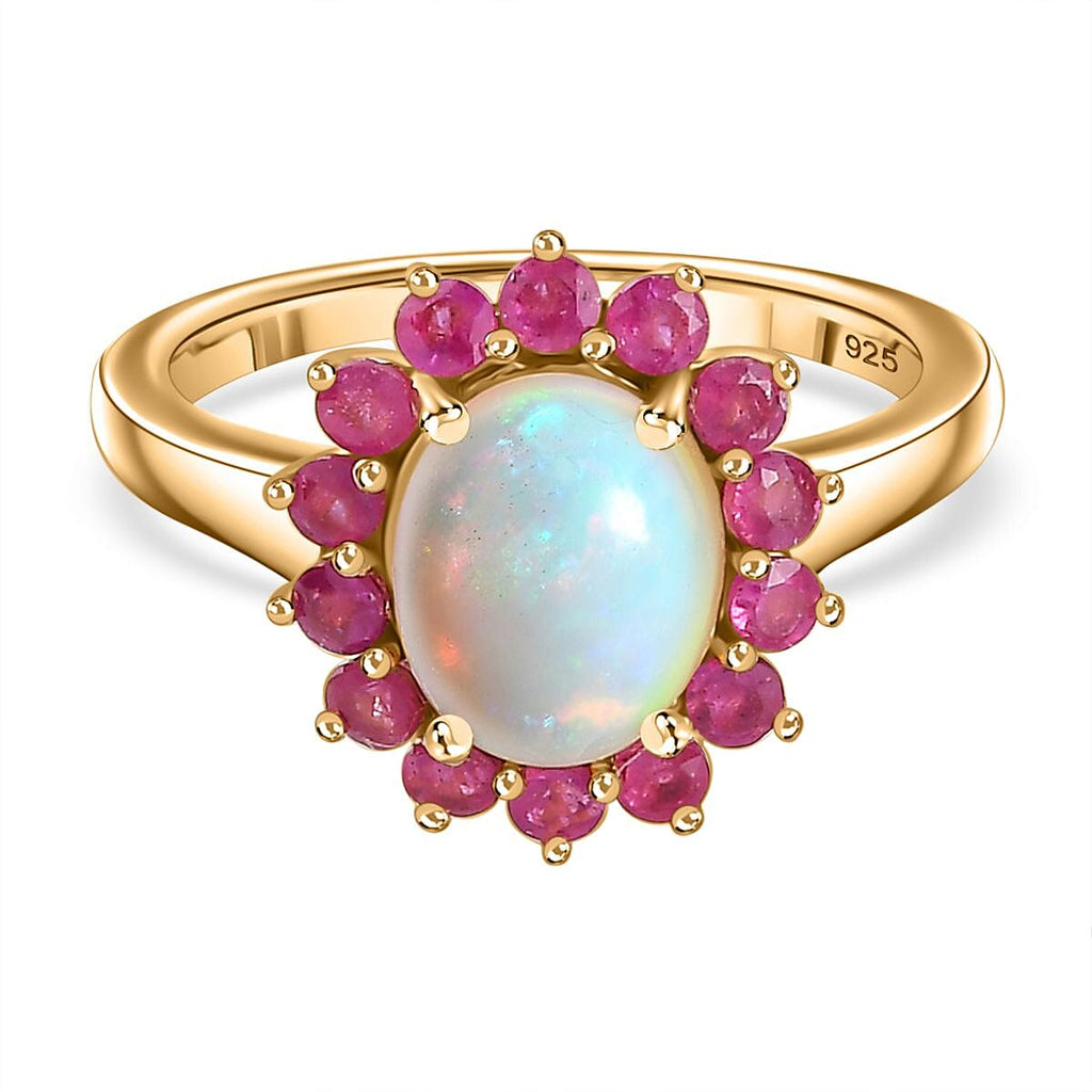 Ethiopian Opal ,  African Ruby  Main Stone With Side Stone Ring in Vermeil YG Sterling Silver 1.77 ct  1.986  Ct.