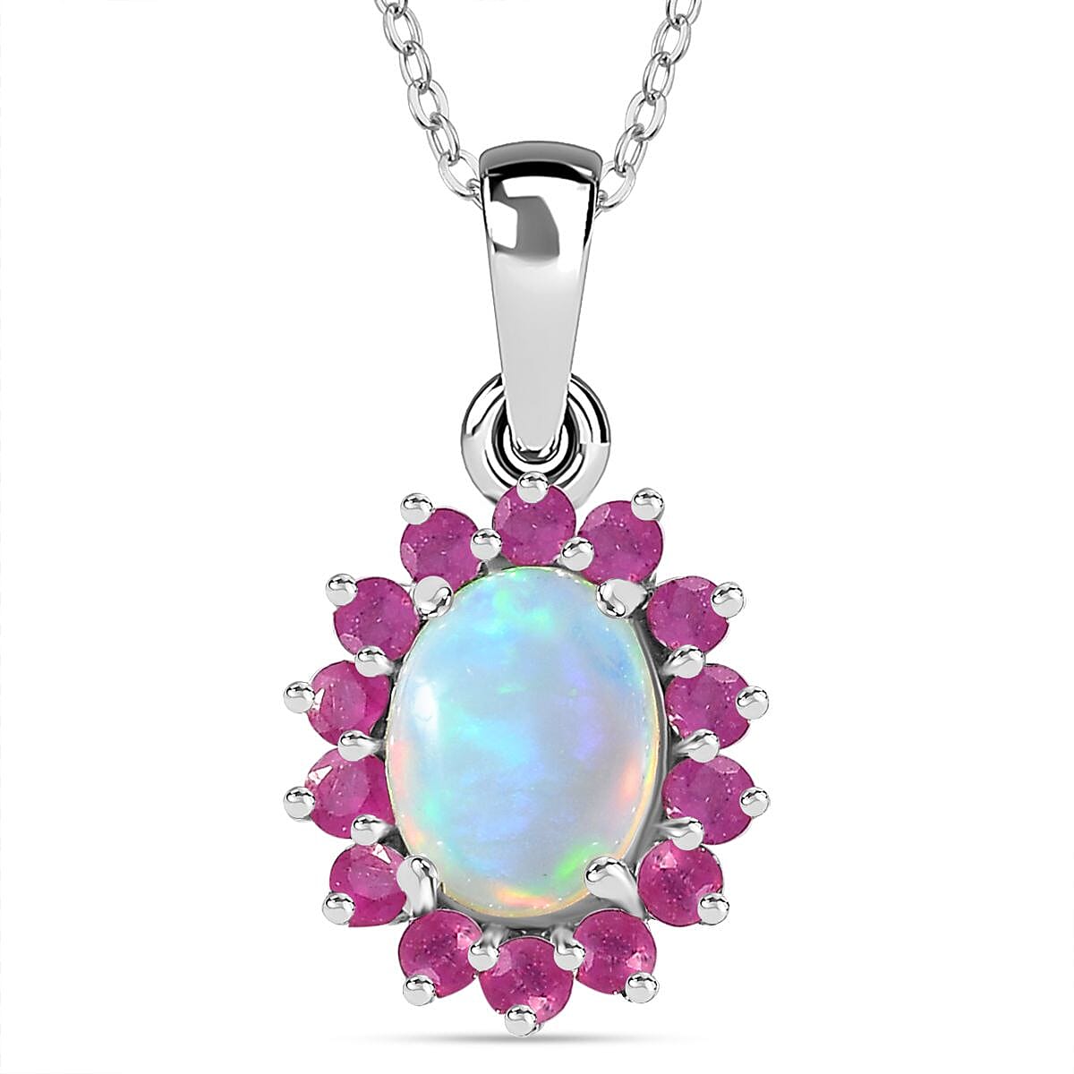 Ethiopian Opal,  African Ruby Halo Pendant with Chain (Size 20) in Platinum Overlay Sterling Silver, 1.800  Ct. 4261017 0