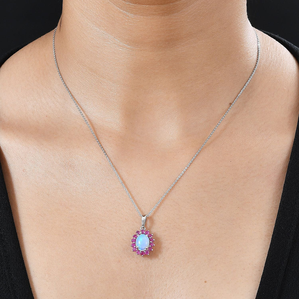 Ethiopian Opal,  African Ruby Halo Pendant with Chain (Size 20) in Platinum Overlay Sterling Silver, 1.800  Ct. 4261017 1