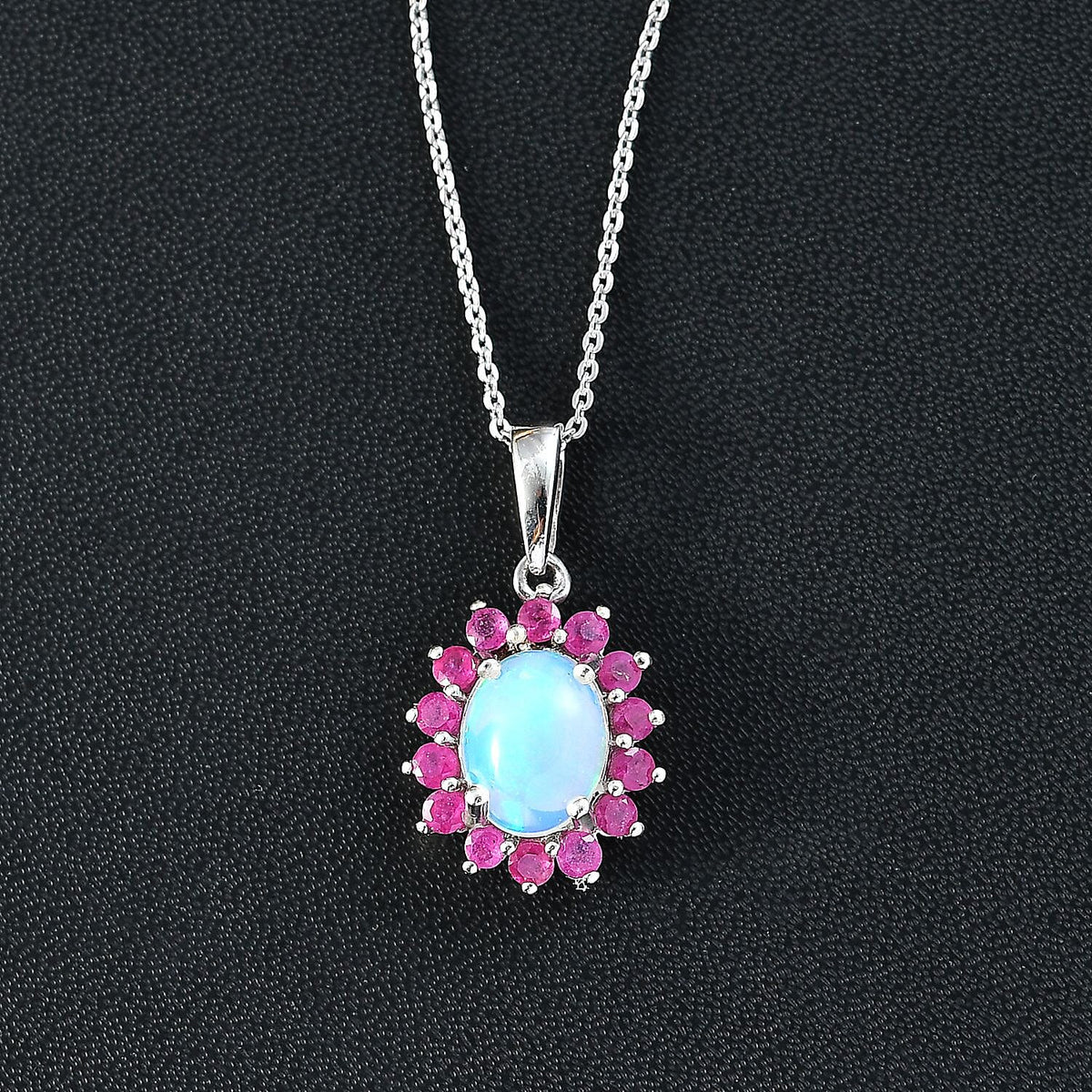 Ethiopian Opal,  African Ruby Halo Pendant with Chain (Size 20) in Platinum Overlay Sterling Silver, 1.800  Ct. 4261017 2