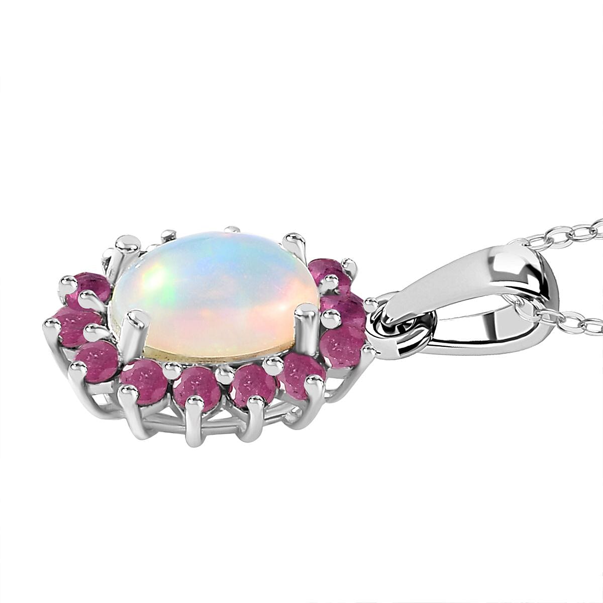 Ethiopian Opal,  African Ruby Halo Pendant with Chain (Size 20) in Platinum Overlay Sterling Silver, 1.800  Ct. 4261017 3