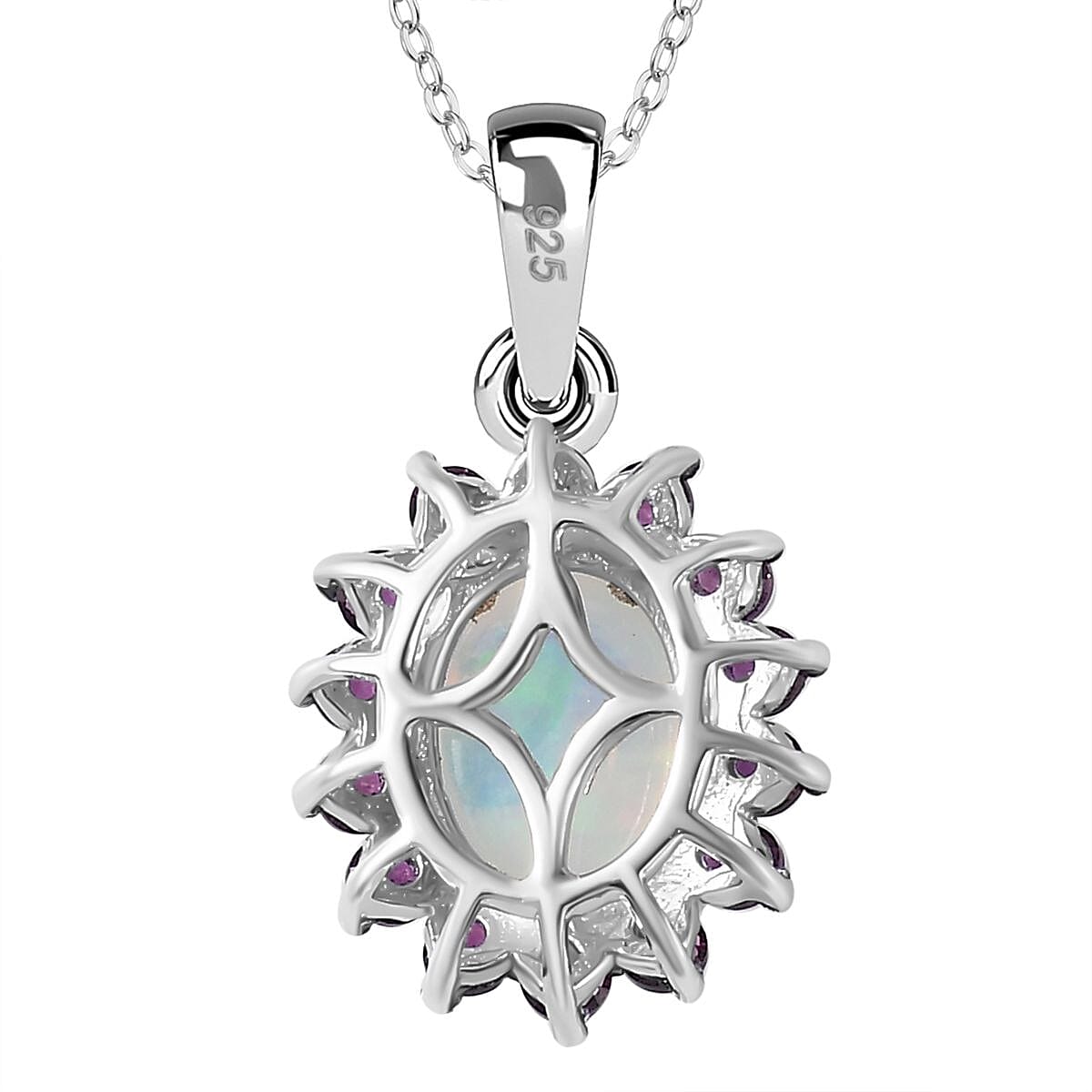 Ethiopian Opal,  African Ruby Halo Pendant with Chain (Size 20) in Platinum Overlay Sterling Silver, 1.800  Ct. 4261017 4