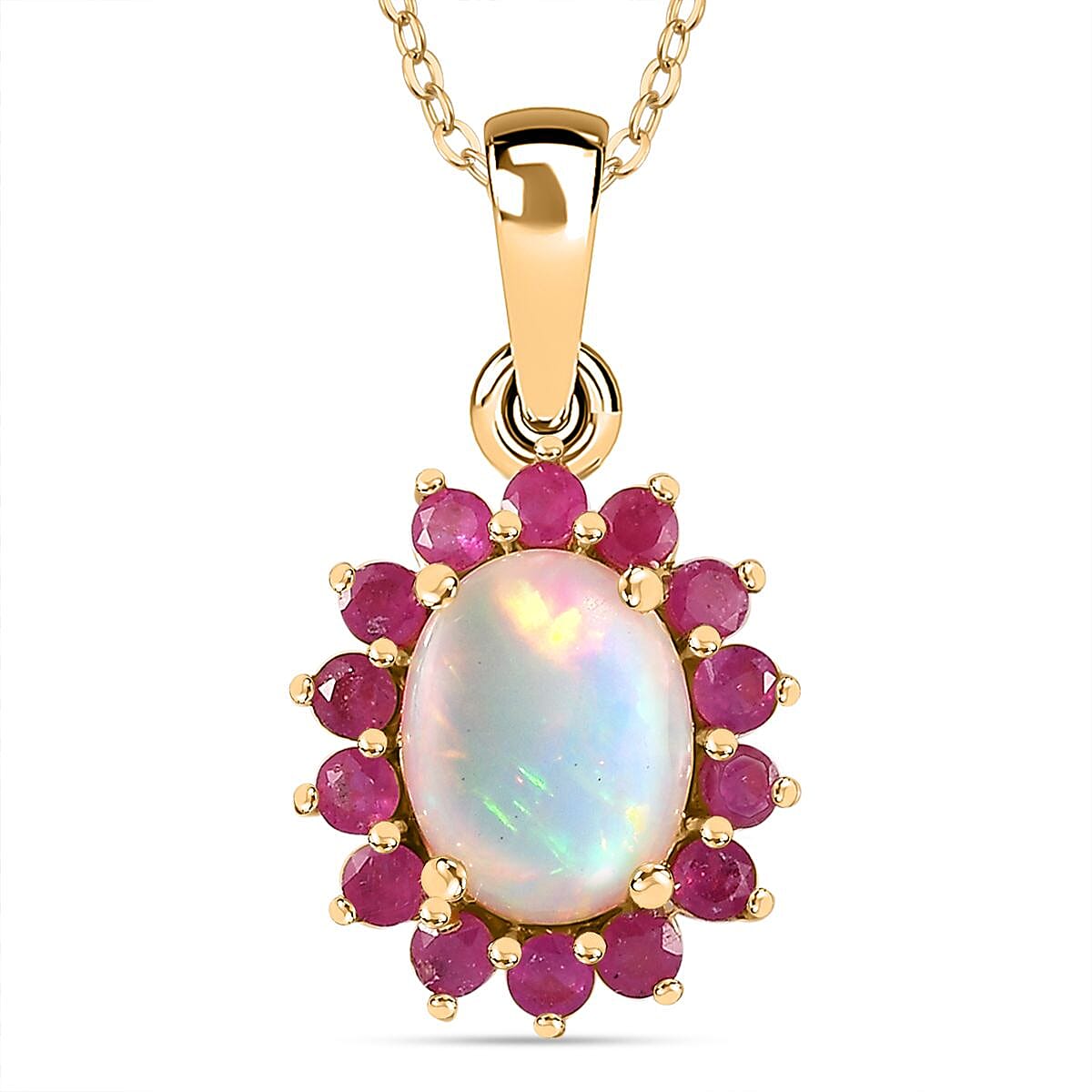 Ethiopian Opal,  African Ruby Halo Pendant with Chain (Size 20) in 18K Vermeil Yellow Gold Plated  Sterling Silver 4261019 0