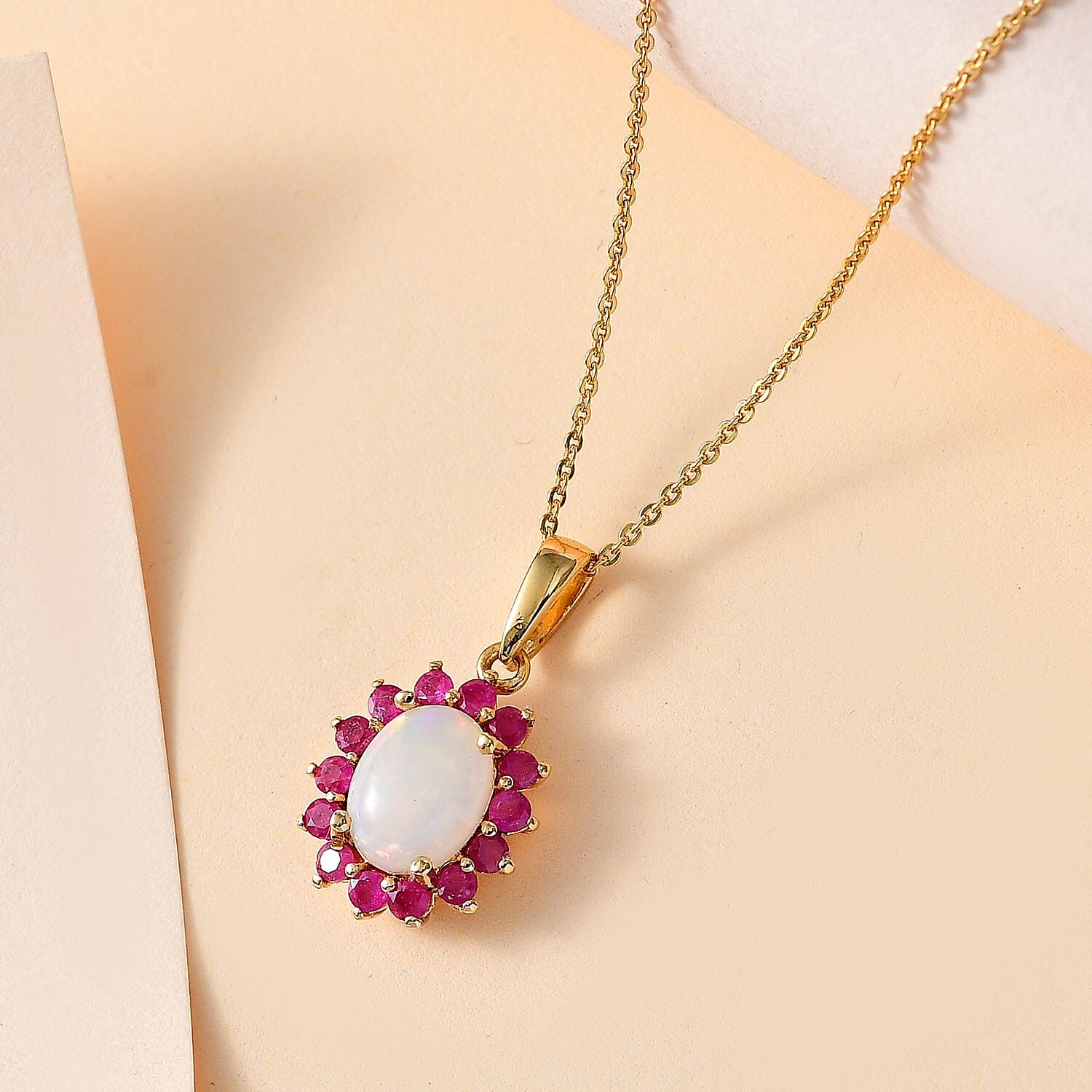 Ethiopian Opal,  African Ruby Halo Pendant with Chain (Size 20) in 18K Vermeil Yellow Gold Plated  Sterling Silver 4261019 1