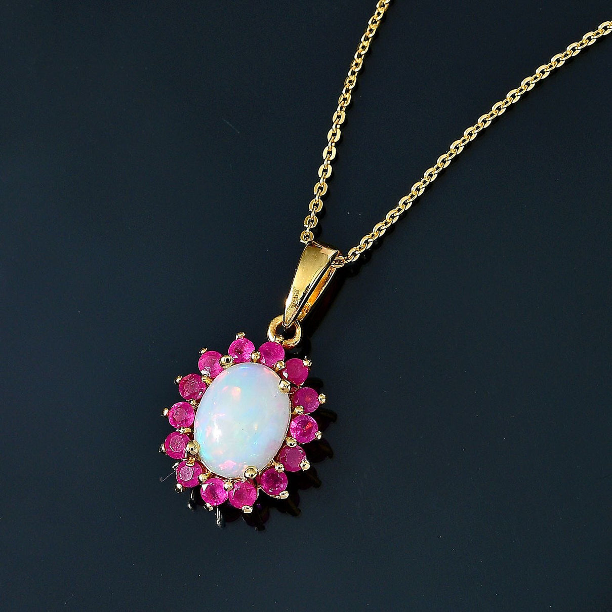 Ethiopian Opal,  African Ruby Halo Pendant with Chain (Size 20) in 18K Vermeil Yellow Gold Plated  Sterling Silver 4261019 2