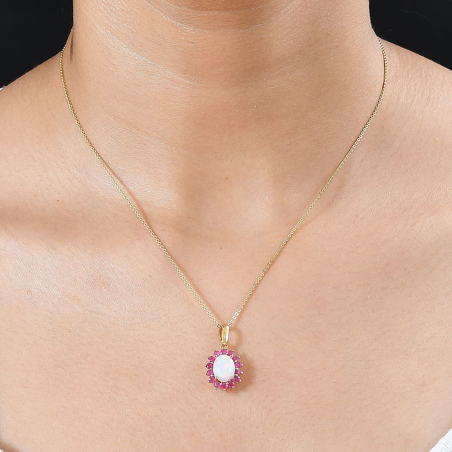 Ethiopian Opal,  African Ruby Halo Pendant with Chain (Size 20) in 18K Vermeil Yellow Gold Plated  Sterling Silver 4261019 3