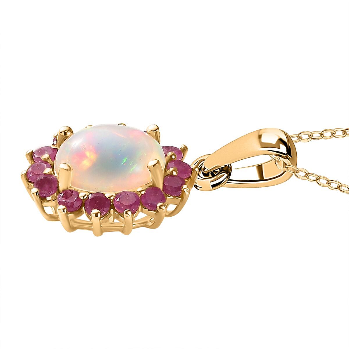 Ethiopian Opal,  African Ruby Halo Pendant with Chain (Size 20) in 18K Vermeil Yellow Gold Plated  Sterling Silver 4261019 4