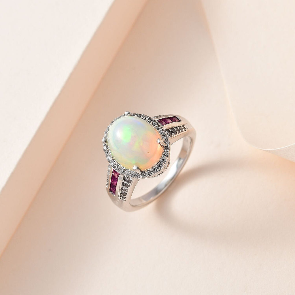 Doorbuster - Ethiopian Welo Opal, African Ruby & Natural Zircon Ring in Platinum Overlay Sterling Silver 3.30 Ct