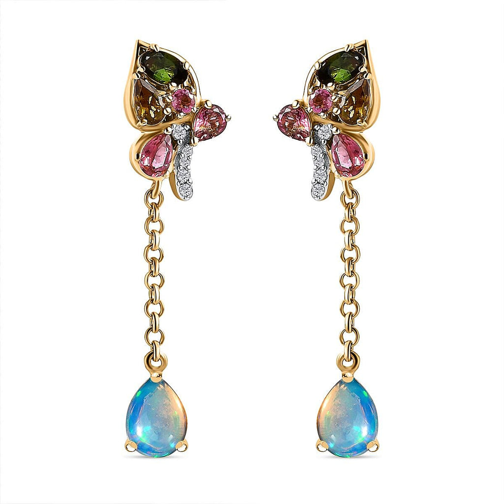 GP Italian Garden Collection - Ethiopian Welo Opal, Natural Zircon & Multi-Tourmaline Dangle Earrings in 18K Vermeil YG Plated Sterling Silver 3.13 Ct