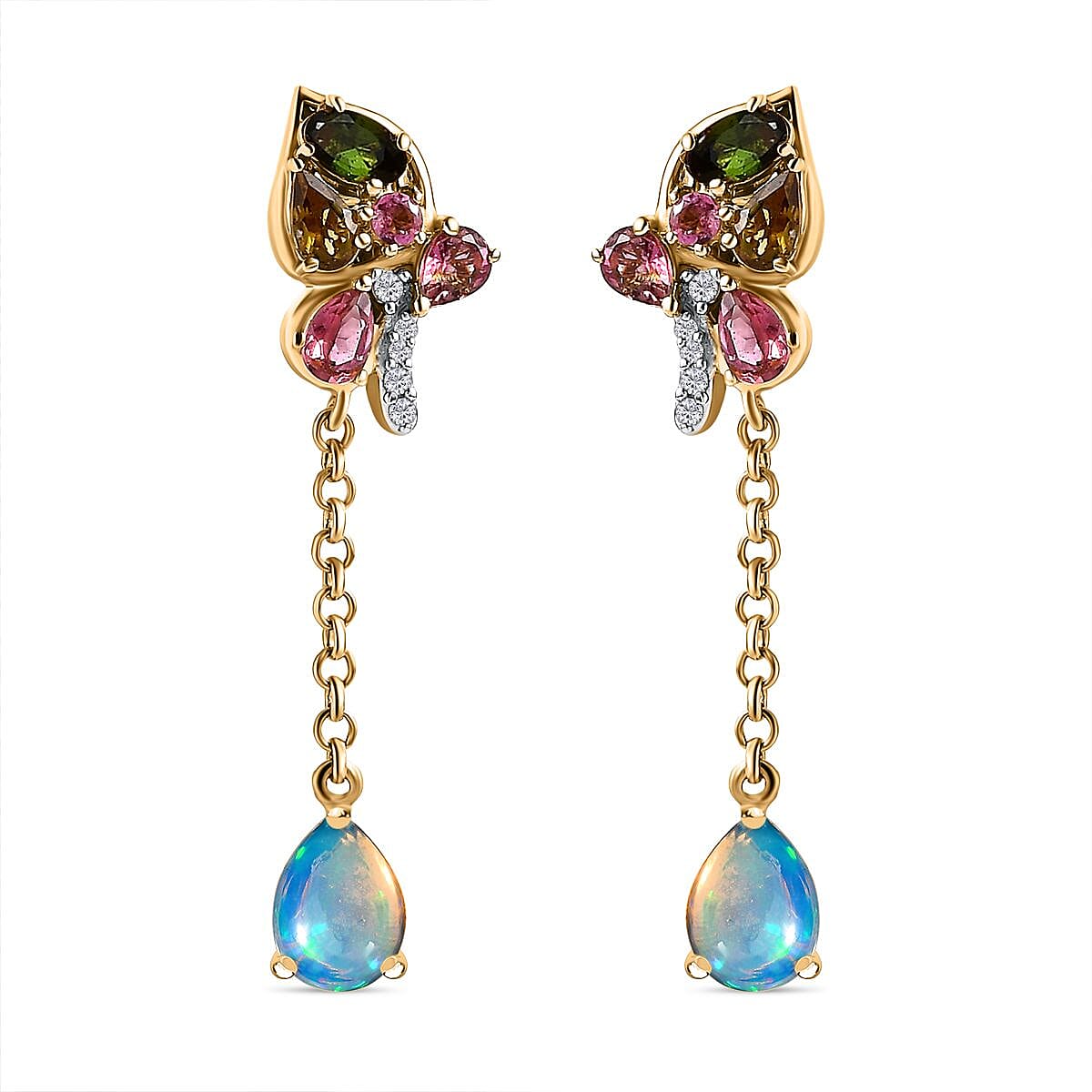 GP Italian Garden Collection Ethiopian Opal , Blue Sapphire , White Zircon , Multi-Tourmaline Dangling Earring in 18K Vermeil Yellow Gold Sterling Silver 3.25 ct, Silver Wt. 5.25 Gms 3.140 Ct. 7674451 0