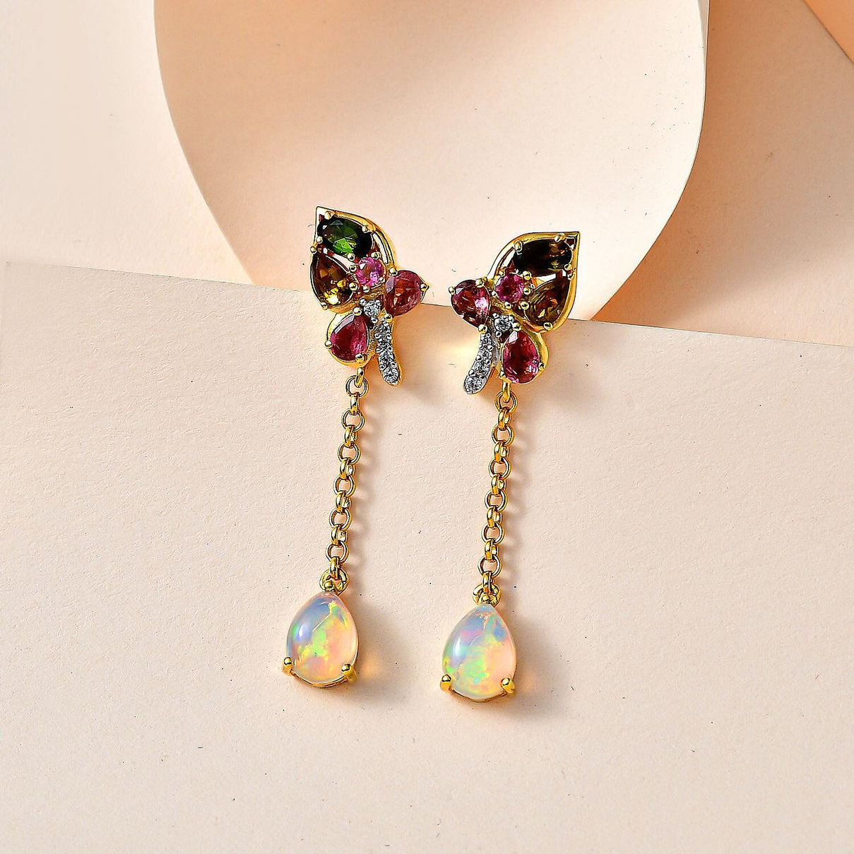 GP Italian Garden Collection Ethiopian Opal , Blue Sapphire , White Zircon , Multi-Tourmaline Dangling Earring in 18K Vermeil Yellow Gold Sterling Silver 3.25 ct, Silver Wt. 5.25 Gms 3.140 Ct. 7674451 2