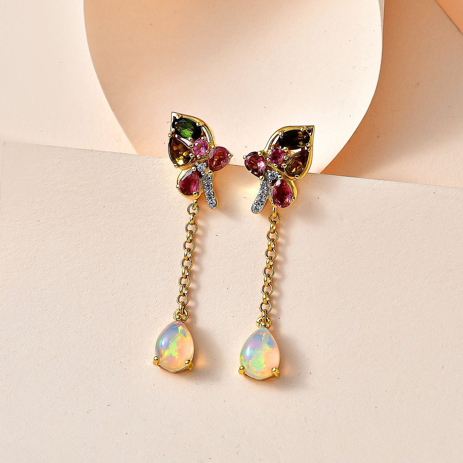 GP Italian Garden Collection Ethiopian Opal , Blue Sapphire , White Zircon , Multi-Tourmaline Dangling Earring in 18K Vermeil Yellow Gold Sterling Silver 3.25 ct, Silver Wt. 5.25 Gms 3.140 Ct. 7674451 2