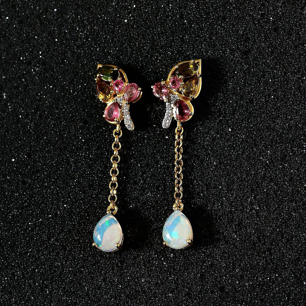 GP Italian Garden Collection - Ethiopian Welo Opal, Natural Zircon & Multi-Tourmaline Dangle Earrings in 18K Vermeil YG Plated Sterling Silver 3.13 Ct
