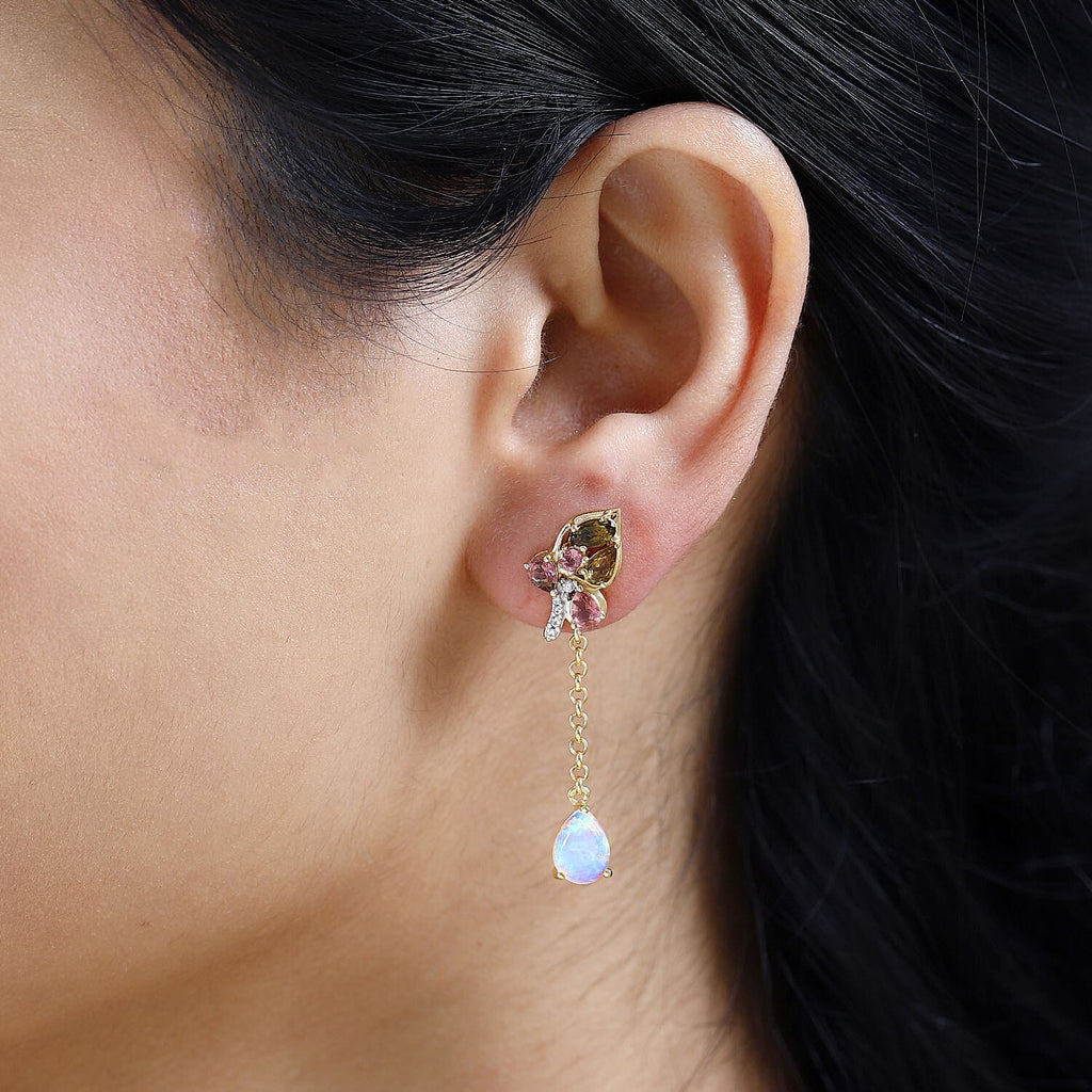 GP Italian Garden Collection - Ethiopian Welo Opal, Natural Zircon & Multi-Tourmaline Dangle Earrings in 18K Vermeil YG Plated Sterling Silver 3.13 Ct