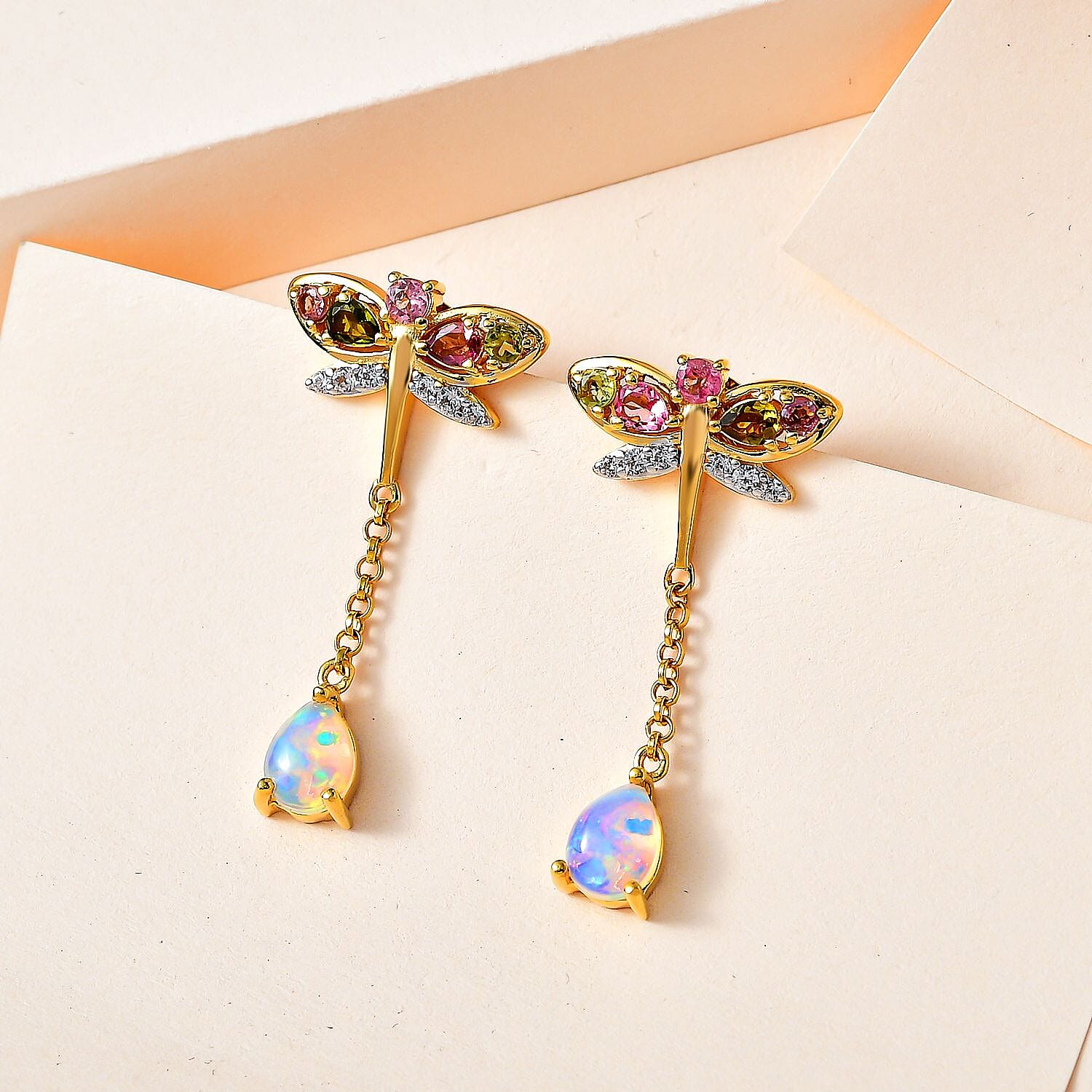 GP Italian Garden Collection Ethiopian Opal , Blue Sapphire , White Zircon , Multi-Tourmaline Dangling Earring in 18K Vermeil Yellow Gold Sterling Silver 2.97 ct, Silver Wt. 5.5 Gms 2.836 Ct. 7674453 2