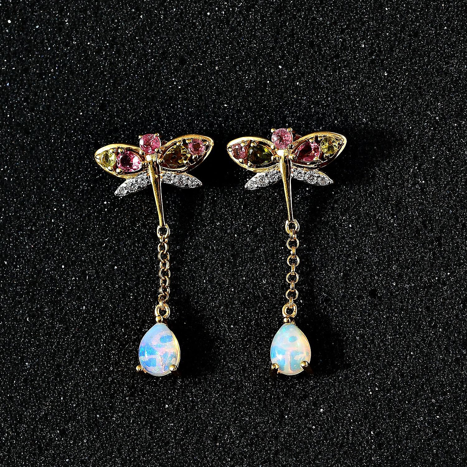 GP Italian Garden Collection Ethiopian Opal , Blue Sapphire , White Zircon , Multi-Tourmaline Dangling Earring in 18K Vermeil Yellow Gold Sterling Silver 2.97 ct, Silver Wt. 5.5 Gms 2.836 Ct. 7674453 3