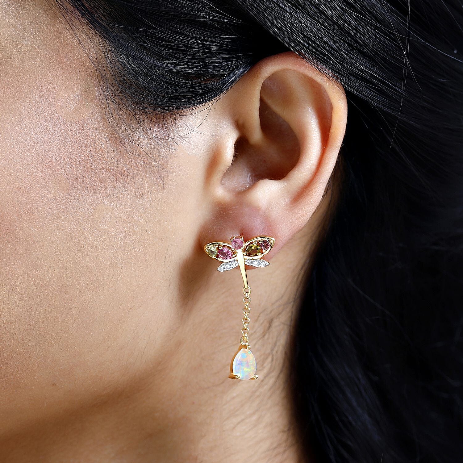 GP Italian Garden Collection Ethiopian Opal , Blue Sapphire , White Zircon , Multi-Tourmaline Dangling Earring in 18K Vermeil Yellow Gold Sterling Silver 2.97 ct, Silver Wt. 5.5 Gms 2.836 Ct. 7674453 4
