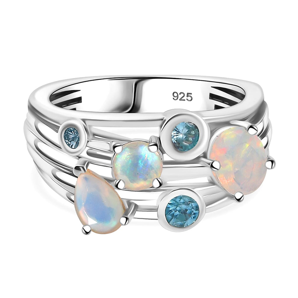 Ethiopian Opal, Blue Zircon Cluster Ring in Rhodium Overlay Sterling Silver 1.34 Ct.
