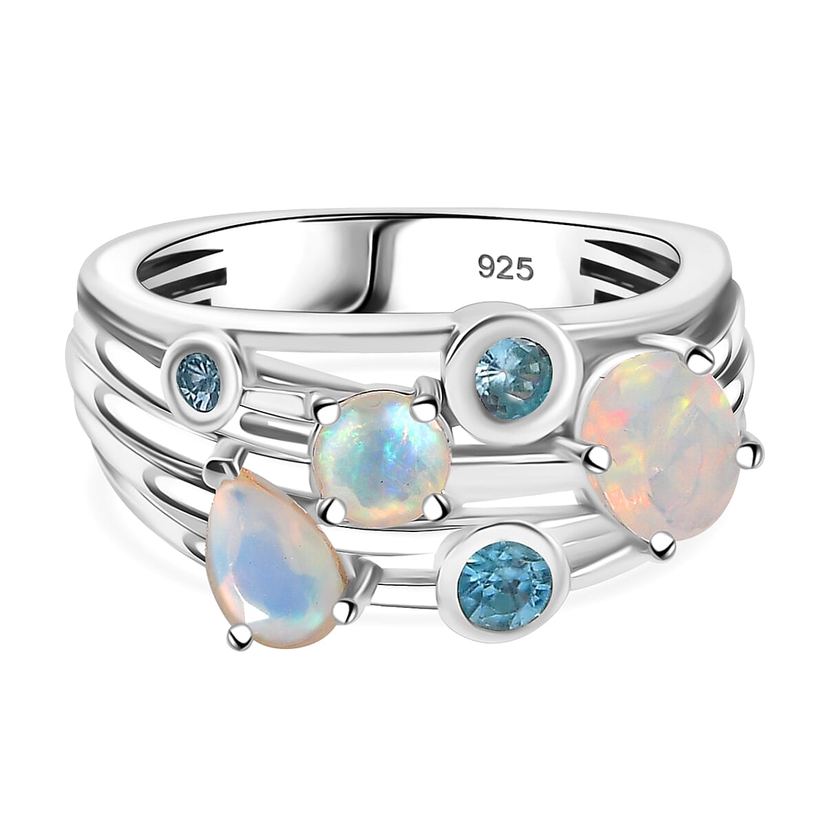 Ethiopian Opal, Blue Zircon Bubble Ring in Rhodium Overlay Sterling Silver 7933538 0