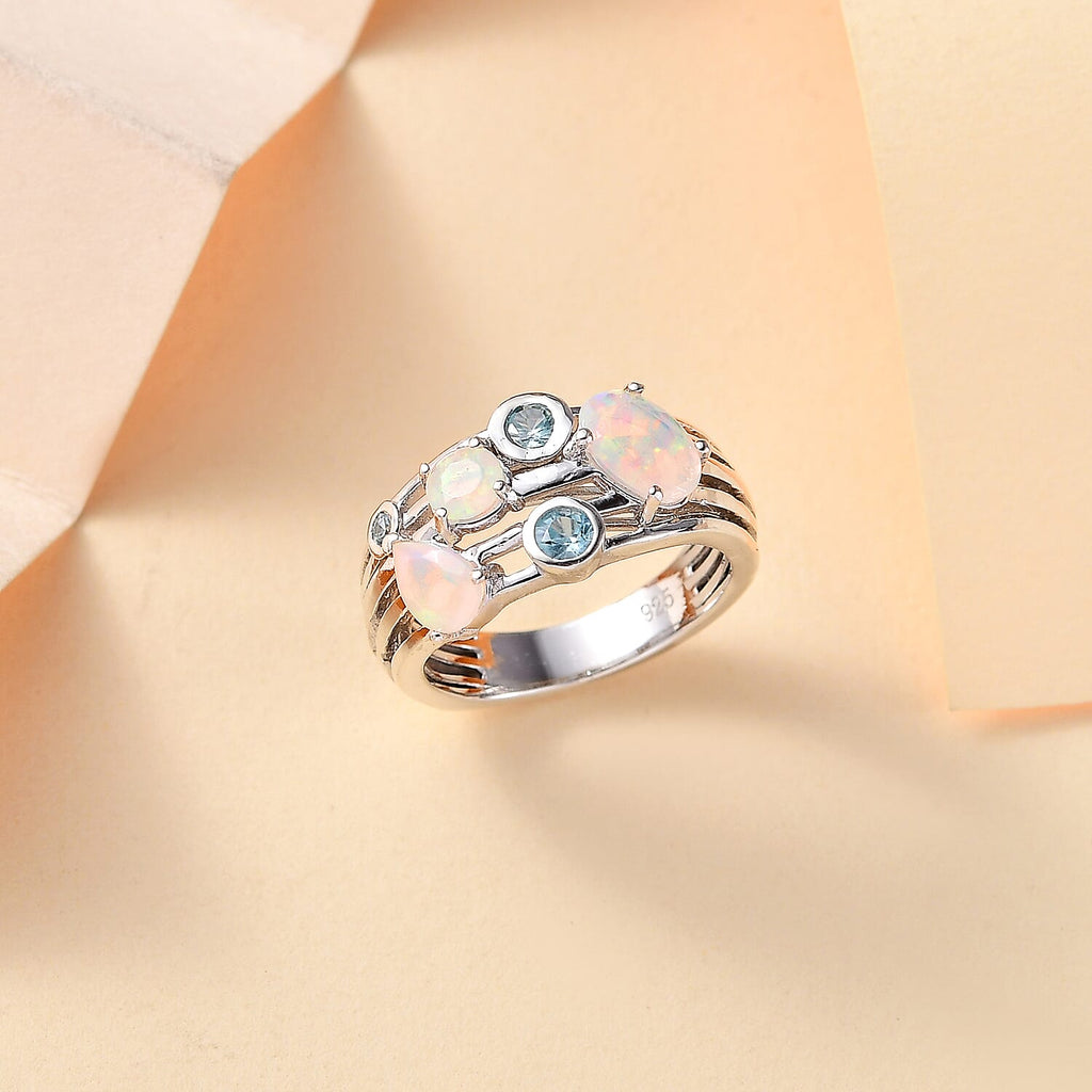 Ethiopian Opal, Blue Zircon Cluster Ring in Rhodium Overlay Sterling Silver 1.34 Ct.