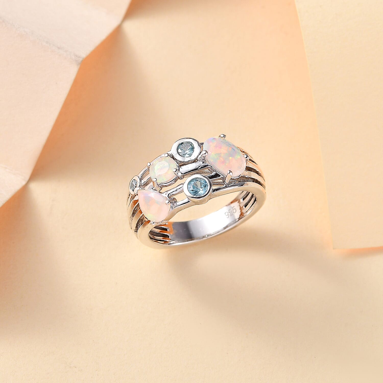Ethiopian Opal, Blue Zircon Bubble Ring in Rhodium Overlay Sterling Silver 7933538 1