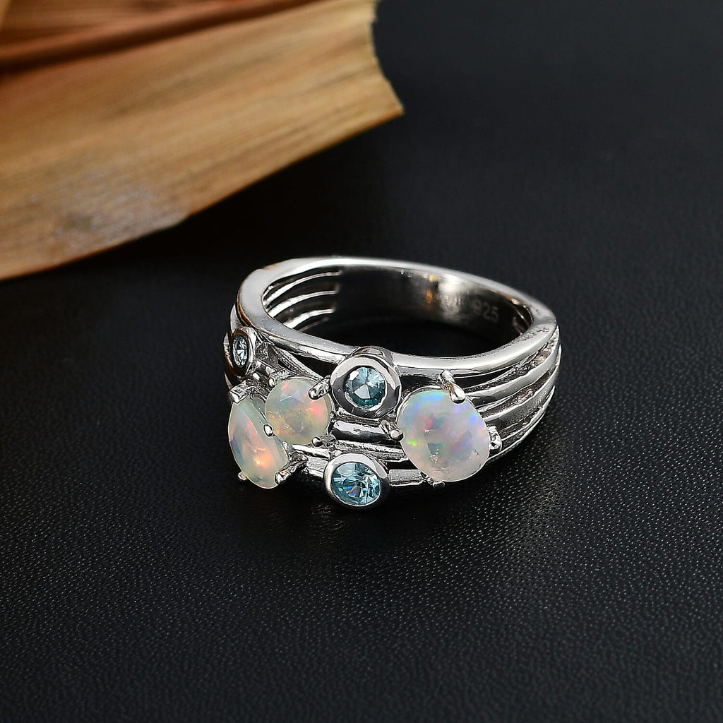 Ethiopian Opal, Blue Zircon Cluster Ring in Rhodium Overlay Sterling Silver 1.34 Ct.