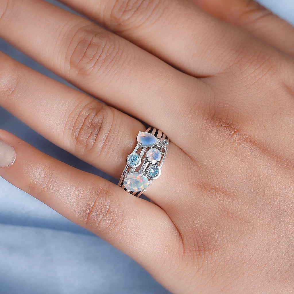 Ethiopian Opal, Blue Zircon Cluster Ring in Rhodium Overlay Sterling Silver 1.34 Ct.