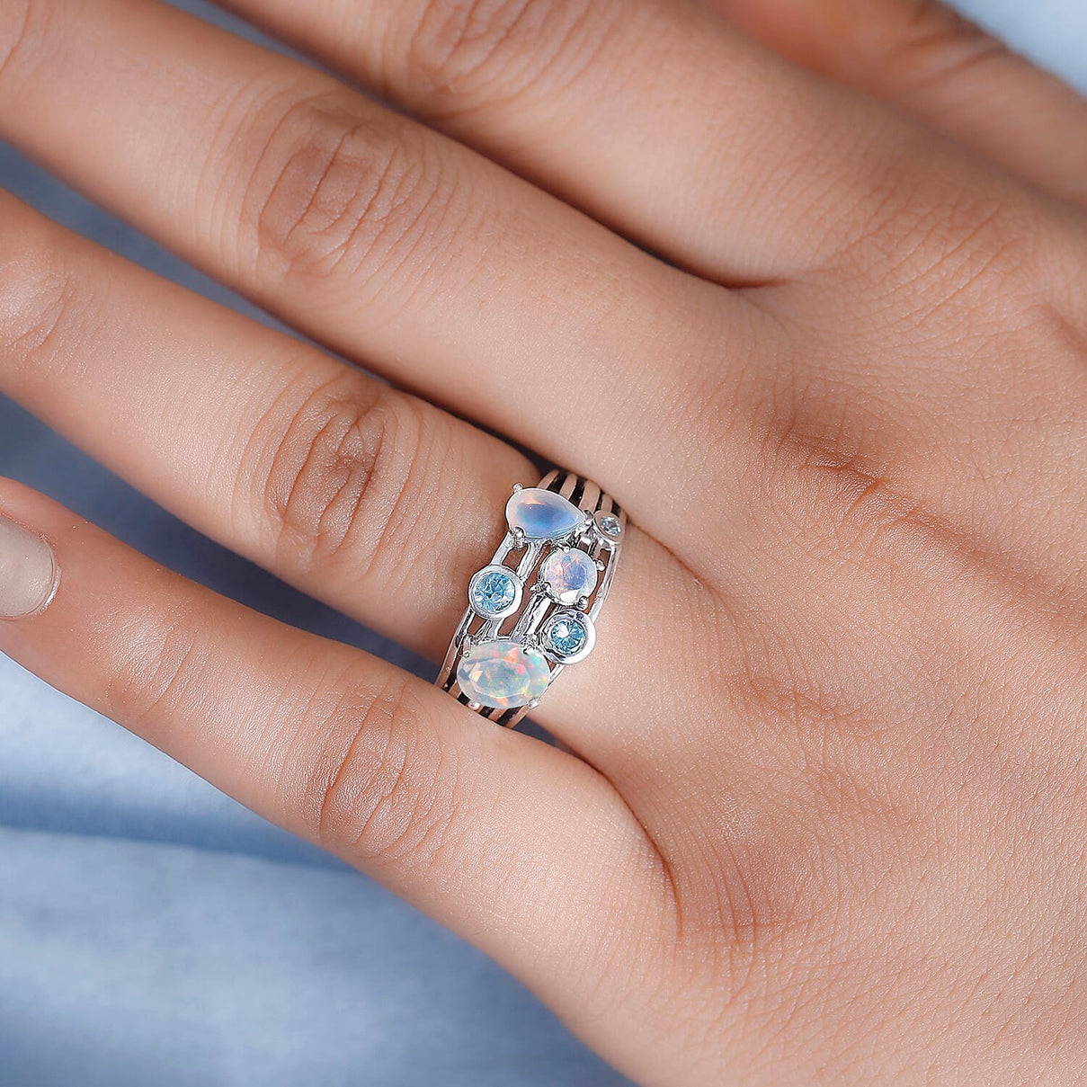 Ethiopian Opal, Blue Zircon Bubble Ring in Rhodium Overlay Sterling Silver 7933538 3