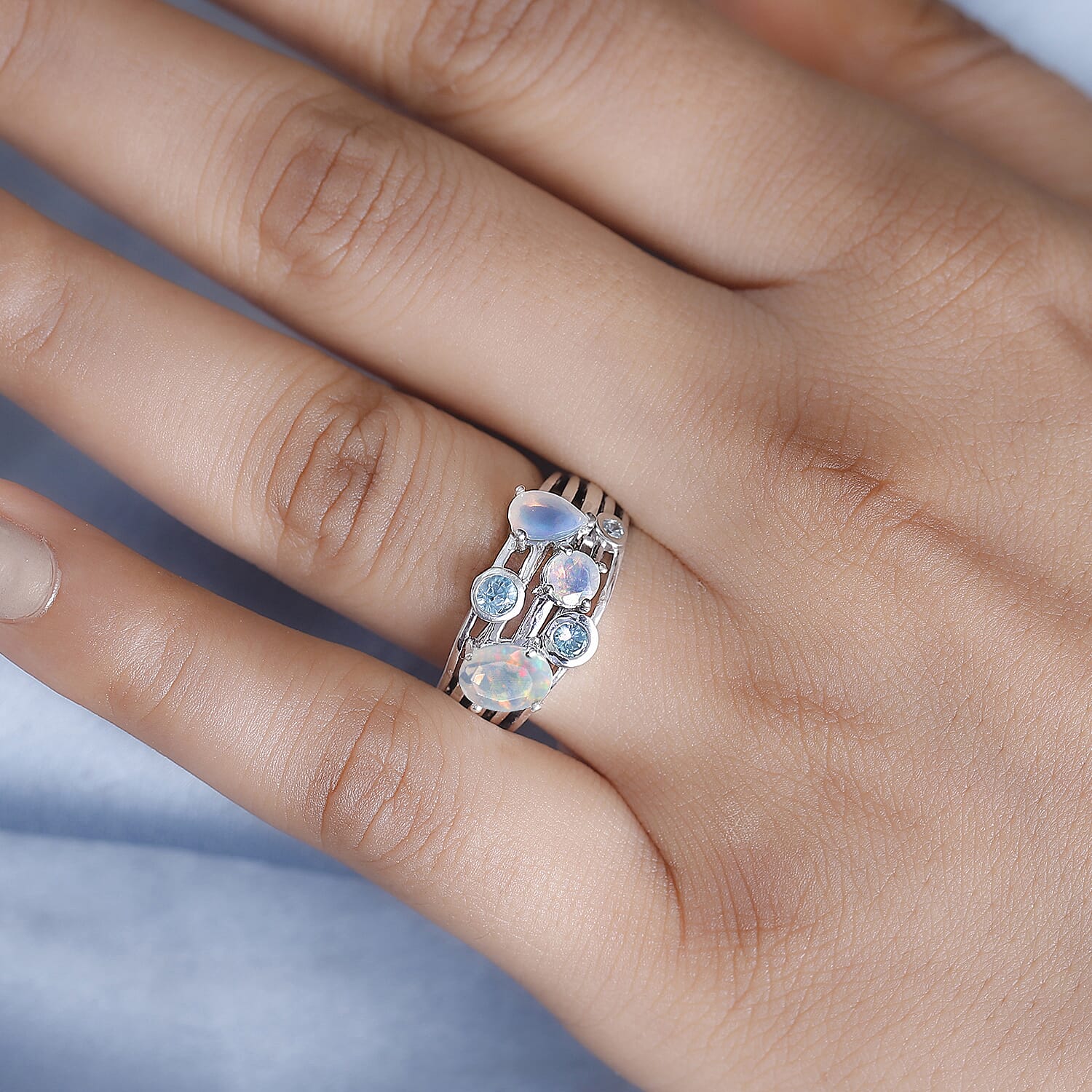 Ethiopian Opal, Blue Zircon Bubble Ring in Rhodium Overlay Sterling Silver 7933538 3