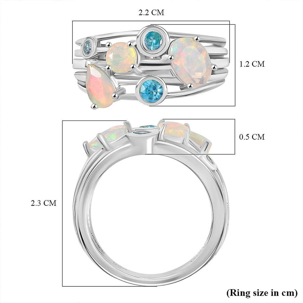 Ethiopian Opal, Blue Zircon Cluster Ring in Rhodium Overlay Sterling Silver 1.34 Ct.