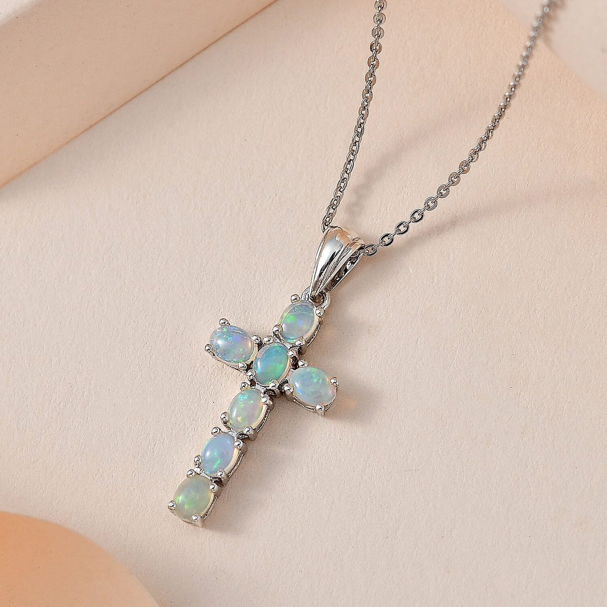 Ethiopian Opal Cross Pendant with Chain (Size 20 Inch) in Platinum Overlay Sterling Silver 4203291 3